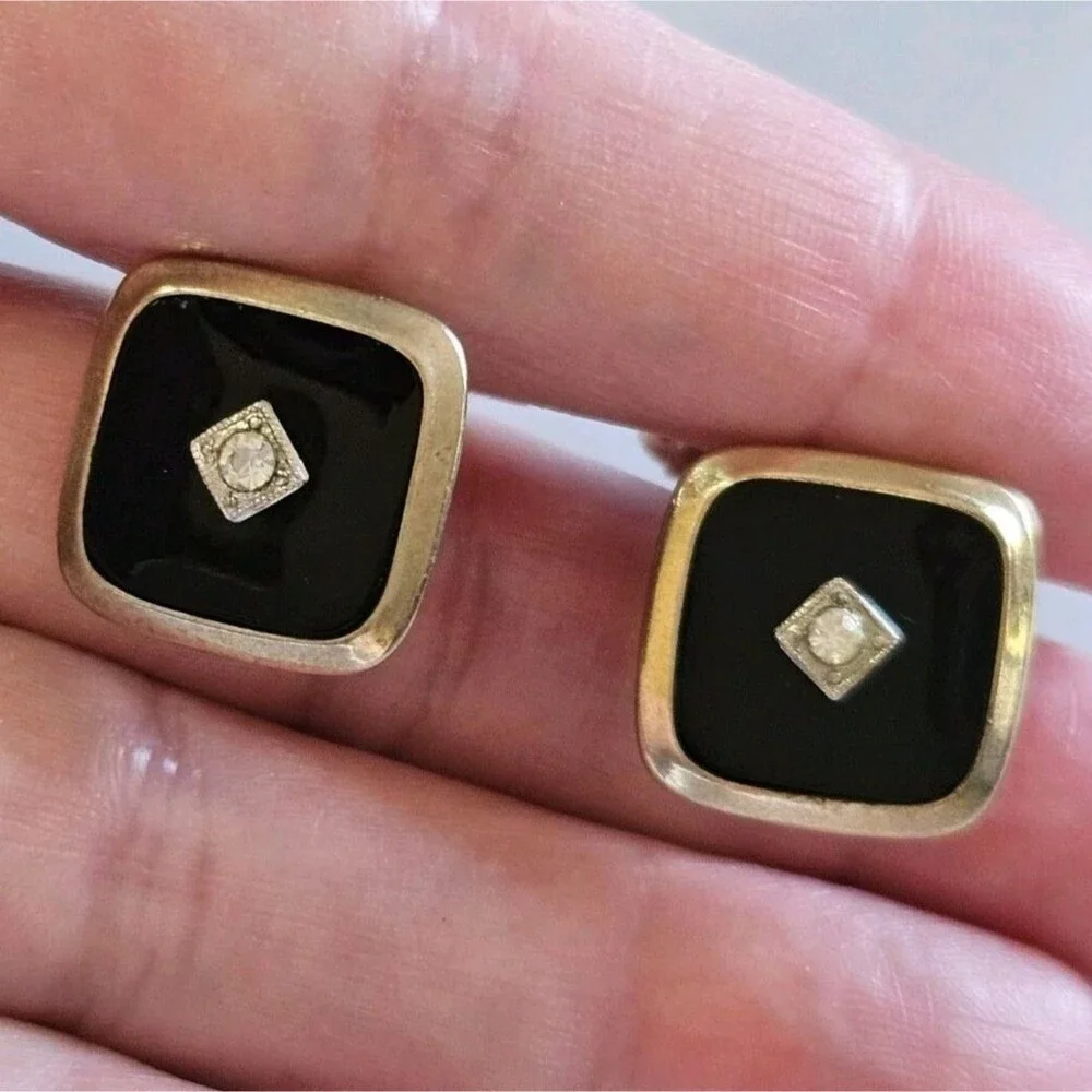 Gold Tone With Black Cufflinks Clear Rhinestone Vintage